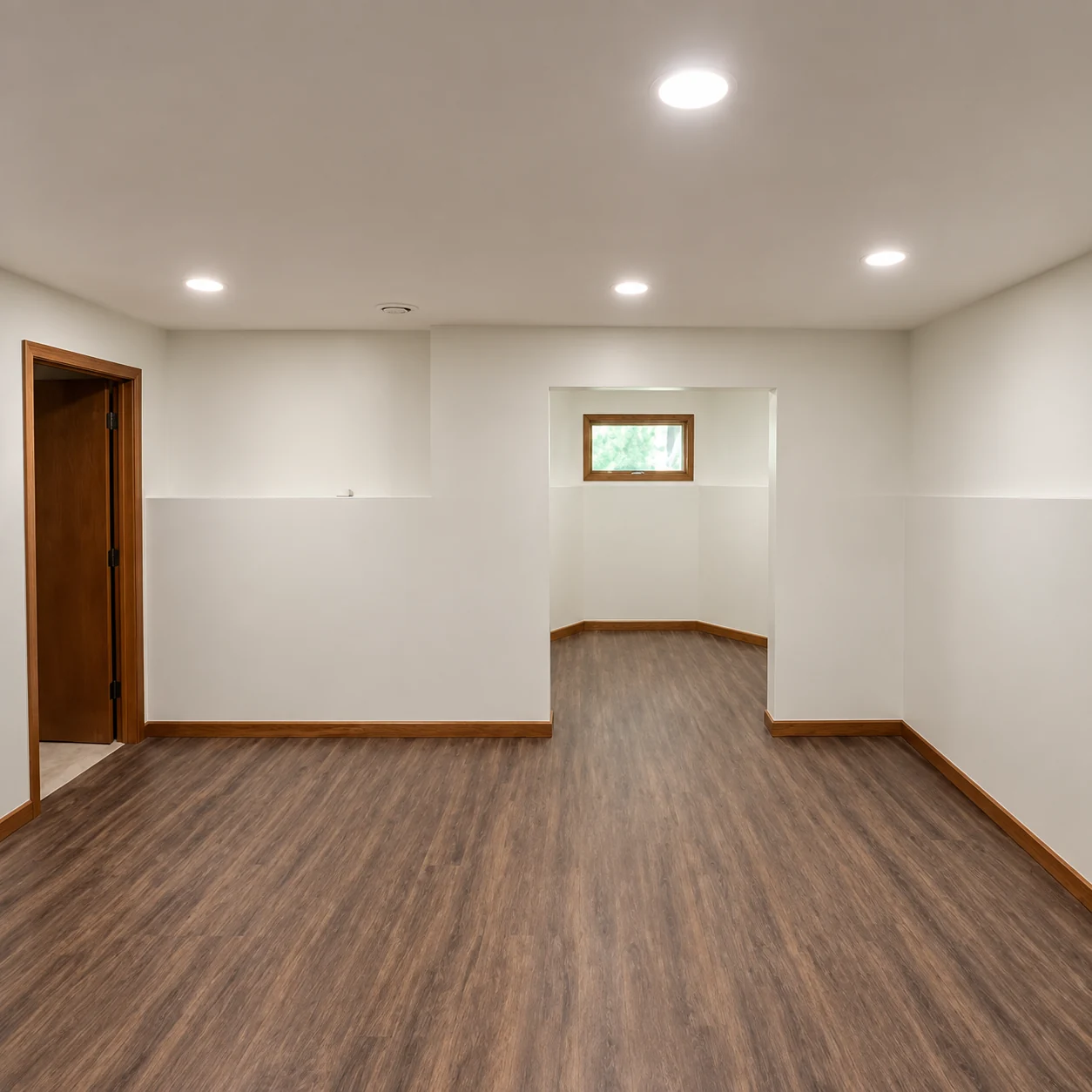 Basement with painted walls, recessed ceiling lights, and brown plank flooring